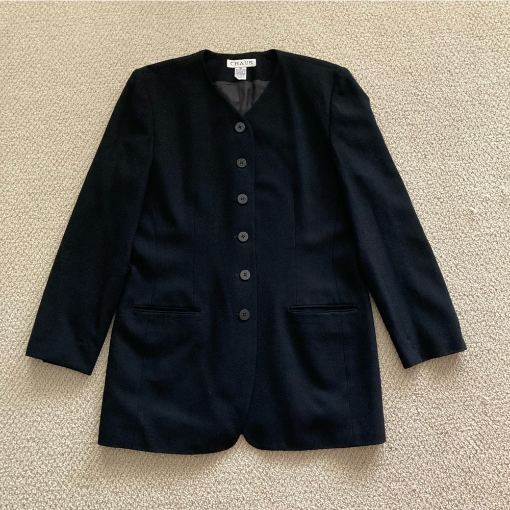 Chaus 100% Wool Overcoat Blazer Black Women’s Size 12 Tailored Lined Like New